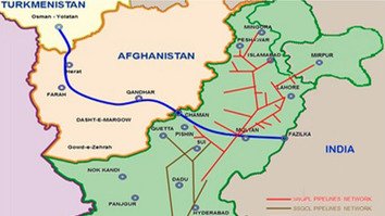 يوه نقشه د افغانستان او پاکستان له لارې د ترکمنستان نه هند ته د ټاپي پایپ لاين لپاره پلان شوې لاره ښیي. [ ائ ایس جی ایس