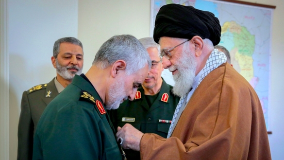 Maj. Gen. Qasem Soleimani, leader of the IRGC's Quds Force, receives high honours from Iranian Supreme Leader Ayatollah Ali Khamenei last month. [Iranian Ministry of Defence]