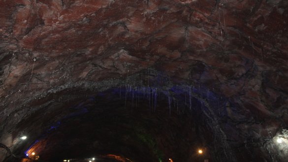 Salt crystal formations can be seen on the ceiling of the Khewra Salt Mine on July 7. [Syed Abdul Basit]