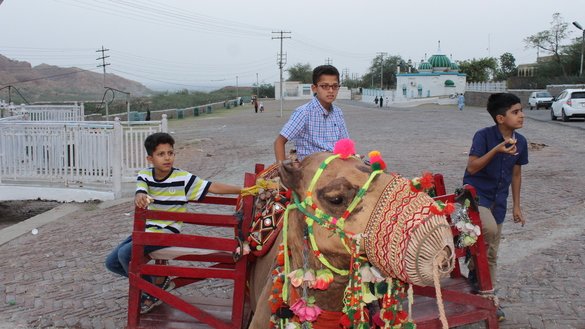 Children ride a camel outside the Khewra Salt Mine July 7. [Syed Abdul Basit]