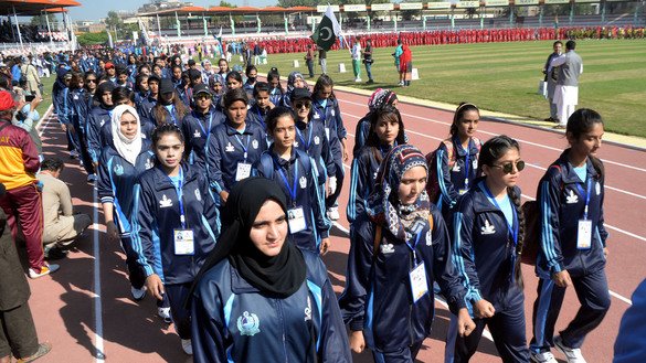 Athletes enter the Peshawar Sports Complex as part of the National Games on November 10. [Shahbaz Butt]