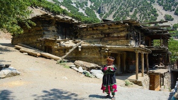 اگست کے مہینے میں ضلع چترال میں وادیٔ کیلاش میں ایک کیلاش لڑکی اپنے گھر کے باہر کھڑی ہے۔ [عالمگیر خان]
