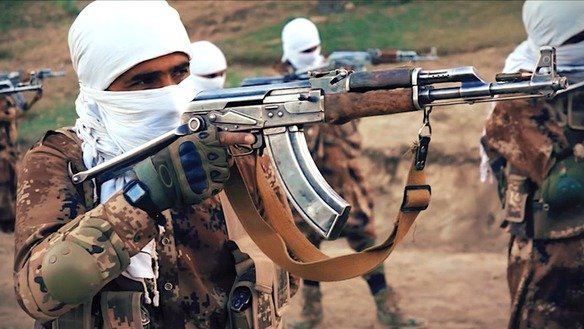 A screenshot from a Taliban video released July 7 shows Taliban fighters during military training in an undisclosed location.