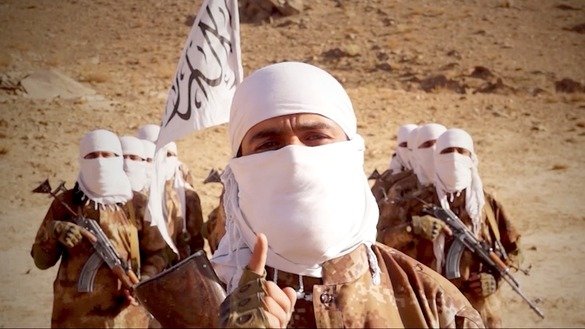 A screenshot from a Taliban video released July 7 shows Taliban fighters during military training in an undisclosed location.