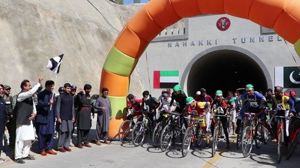 Cyclists prepare to start a race March 22 at Nahakki Tunnel in Mohmand District. [Alamgir Khan]
