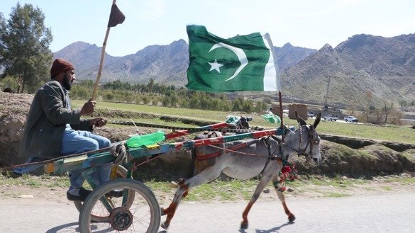 A donkey cart equipped with a Pakistani flag can be seen during a race March 22. [Alamgir Khan]