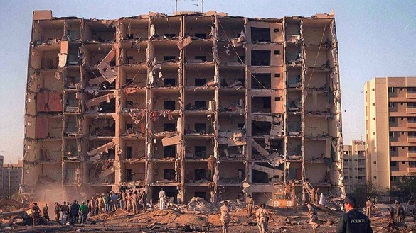 Khobar Towers in Saudi Arabia is shown in 1996 following a truck bombing attributed to the IRGC. [US Defence Department]