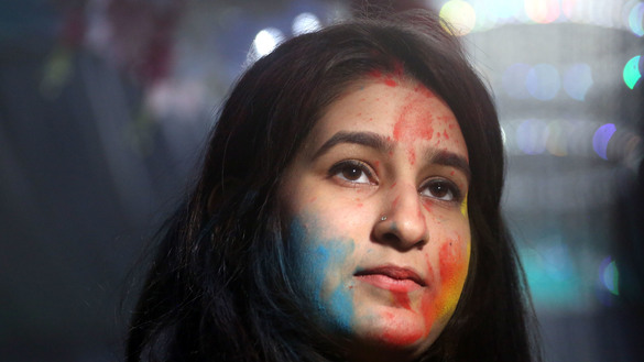 A woman in Peshawar is shown during Holi celebrations March 10. [Shahbaz Butt]